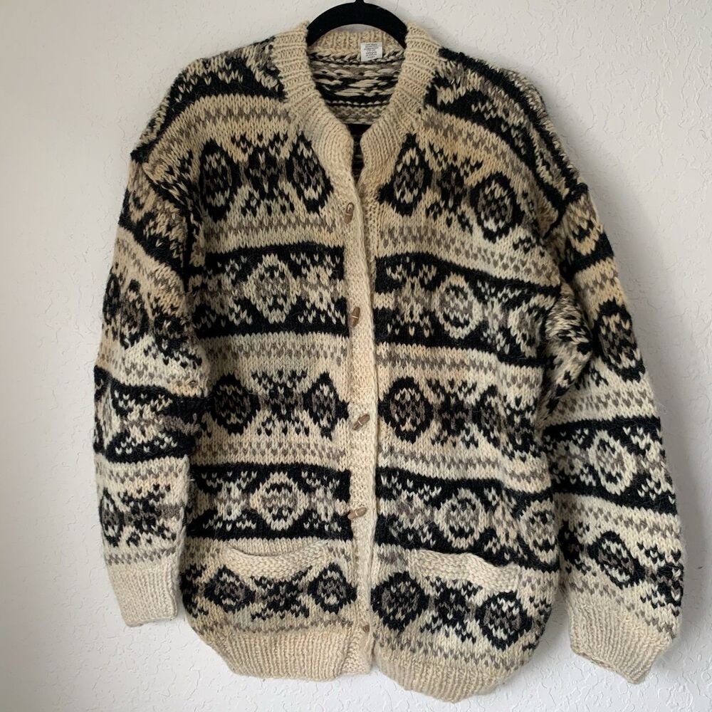 VTG Alpaca Imports Hand Knit‎ Cardigan Sweater Alpaca 100% Wool Nepal L*